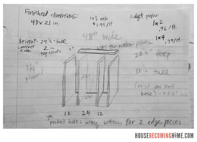 hand drawn sketch of DIY bathroom cabinet