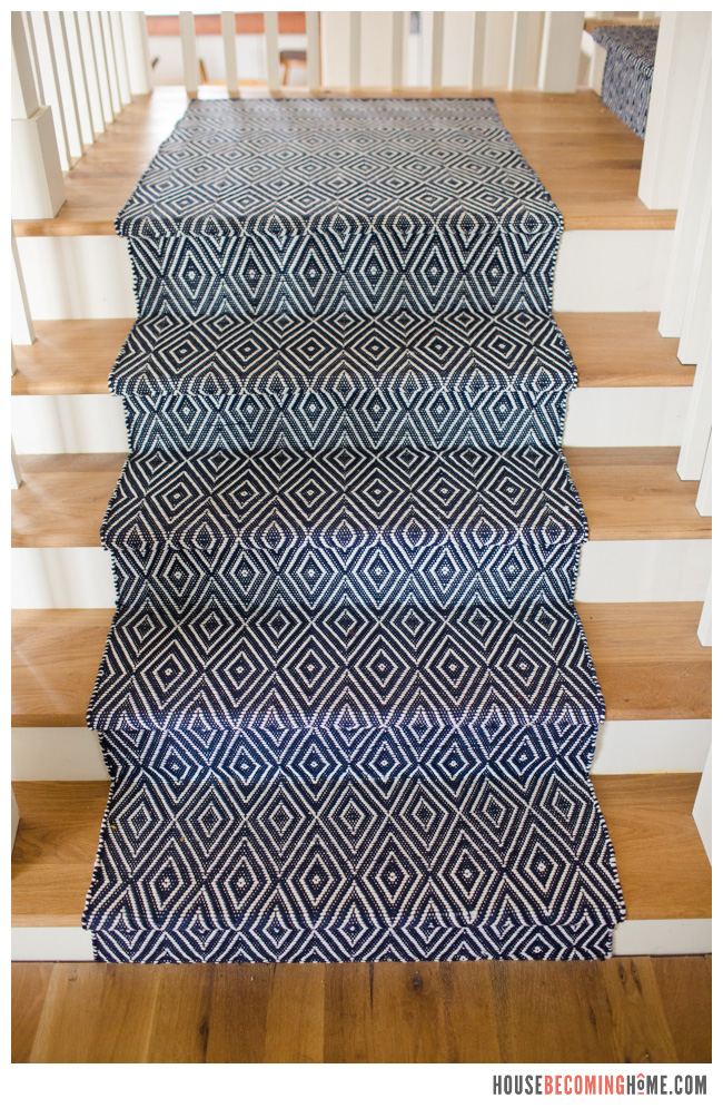 Dash and Albert Blue Stair Runner on white oak stairs