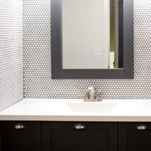Full wall of white penny tile in a bathroom