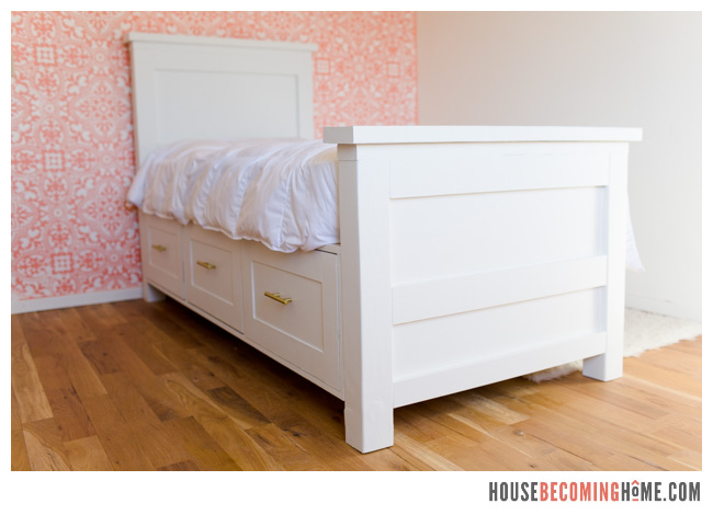 DIY Twin Bed in front of stenciled wall