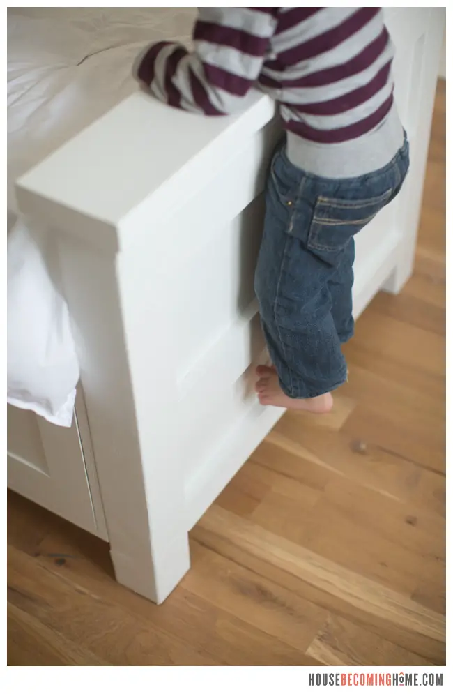 DIY Twin Bed child climbing on footboard
