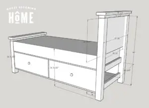 Plans and dimensions of DIY Twin Bed with Drawers