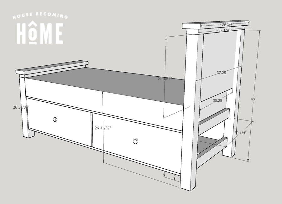 Plans and dimensions of DIY Twin Bed with Drawers