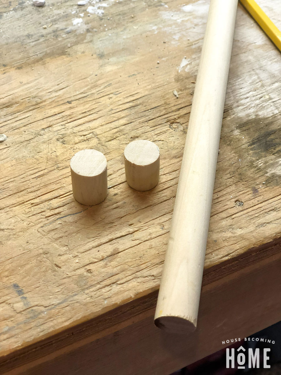 DIY drawer pulls from wooden dowel cut and unstained