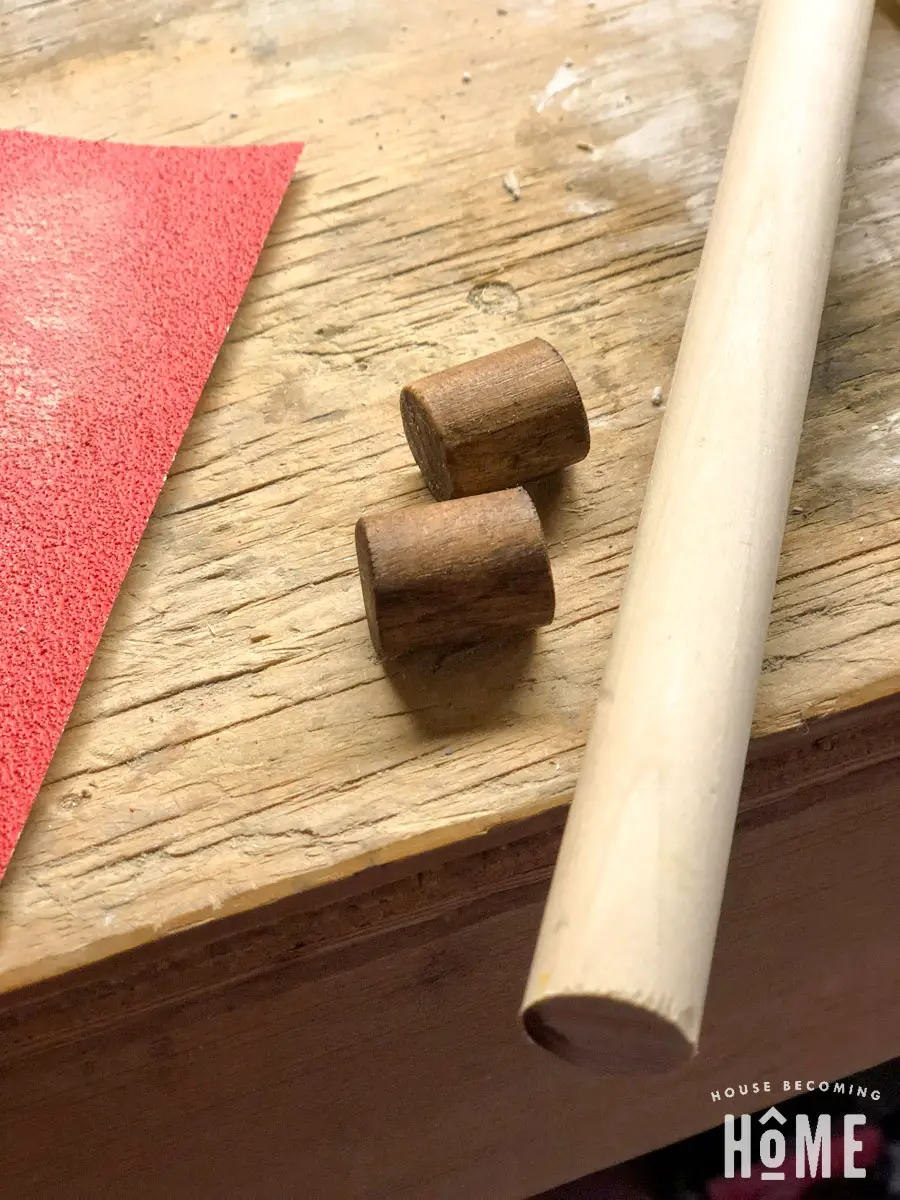 DIY drawer pulls from wooden dowel cut and stained dark brown