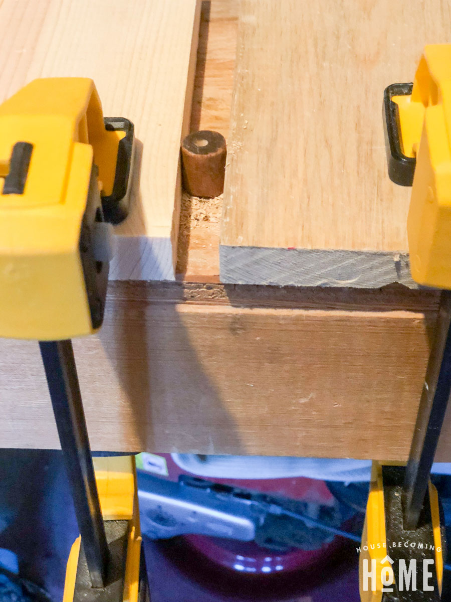 drilling hole into dowel for DIY drawer knobs