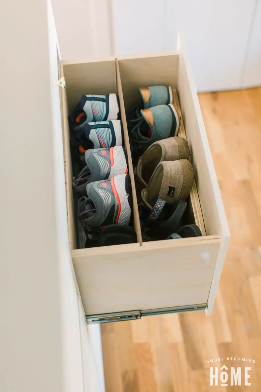 DIY Shoe Cabinet with drawer divided for two rows of shoes