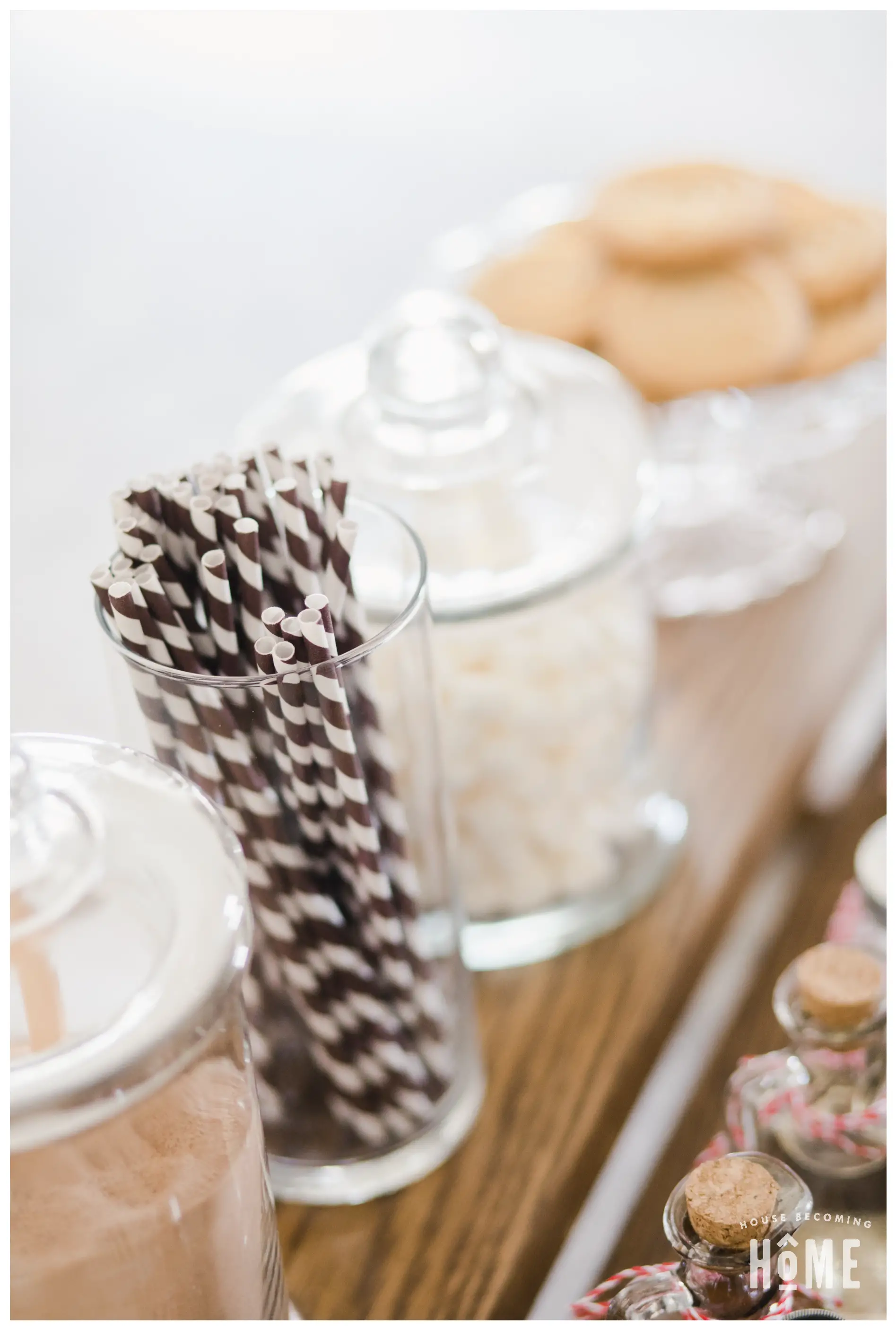 Hot Cocoa Bar with Brown and White Paper Straws in glass vase