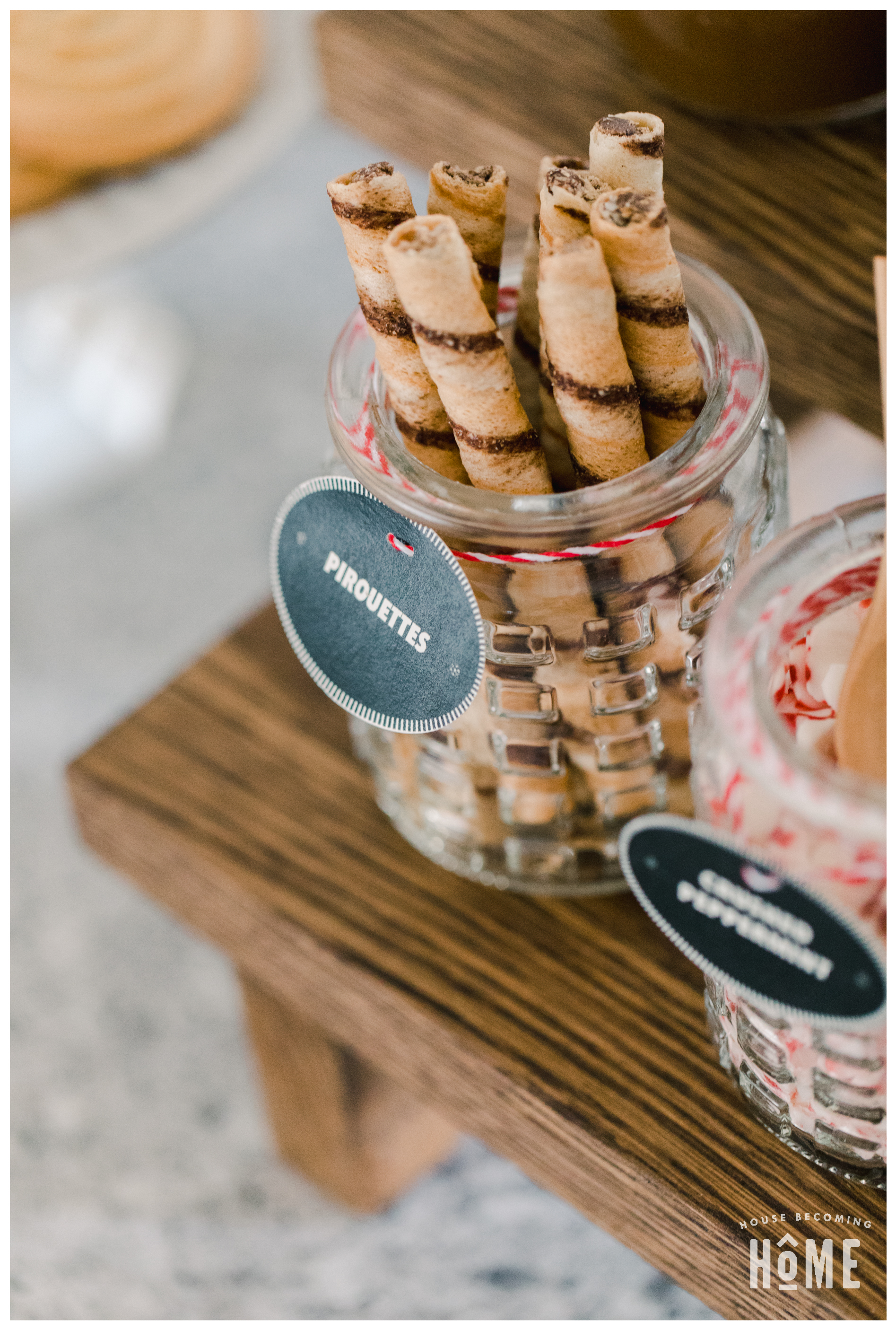 DIY Hot Chocolate Bar Toppings and Treats. Glass jar of Pirouettes.