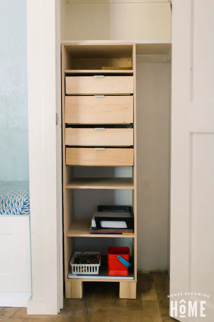 Front View of DIY Closet Organizer with Drawers