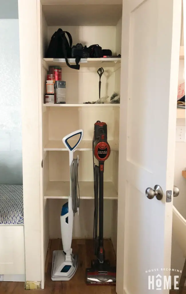 Small Closet with Inefficient Shelving Before DIY Closet Organization Makeover