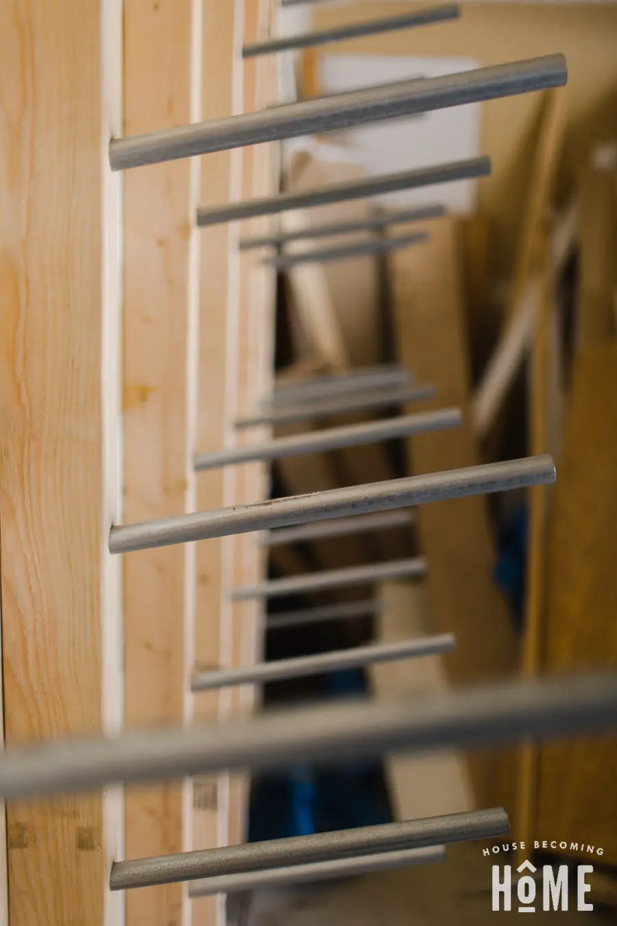 Close Up of Conduit in DIY Lumber Rack
