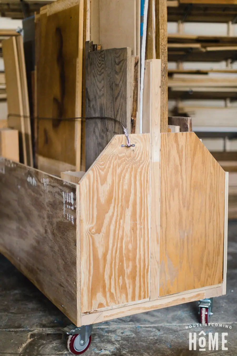 An affordable, simple, easy-to-build mobile cart to store and organize scrap lumber and plywood