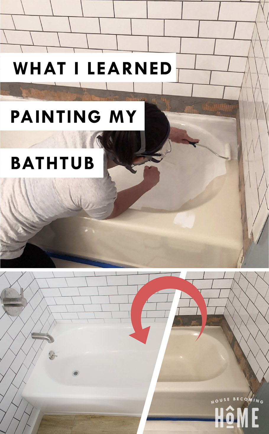 After painting an almond bathtub with white tub and tile refinishing kit -  House Becoming Home