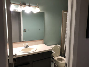 Full view of small bathroom before renovation