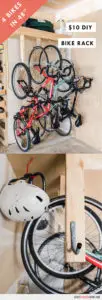 Make a space-saving DIY Bike Rack that stores four bikes in 48" of space. This bike rack is easy to make and super affordable, costing about $10 in materials!