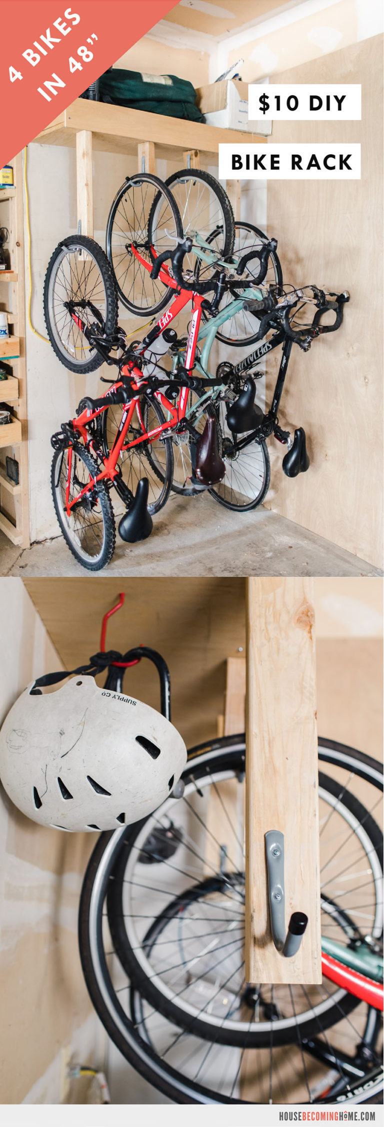 Make a spacesaving DIY Bike Rack that stores four bikes in 48" of