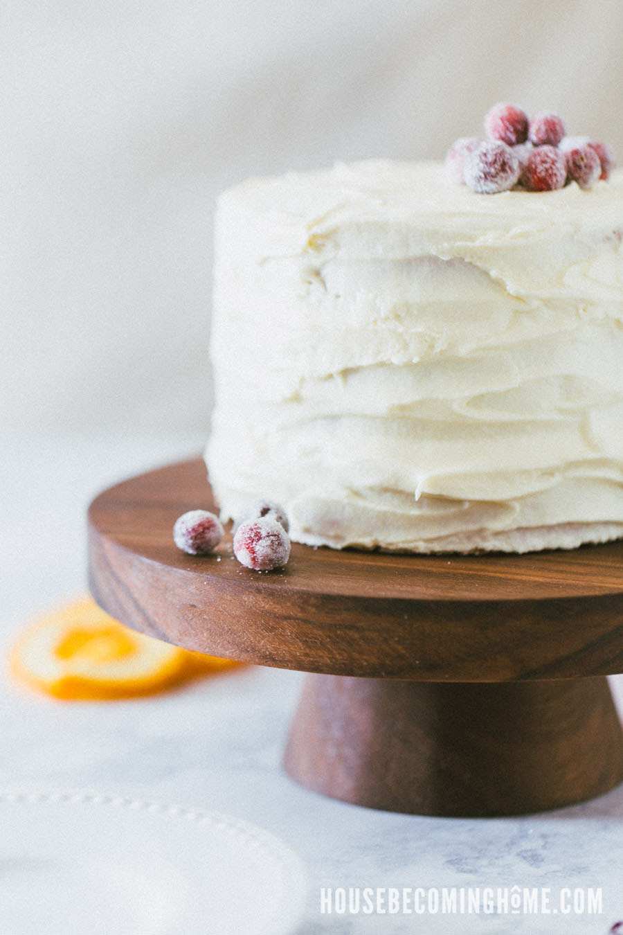 Orange Cranberry Cake on a DIY Walnut Wood Cake Stand