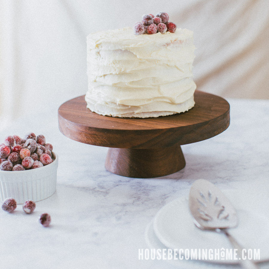 Cranberry-Orange cake on DIY walnut wood cake stand