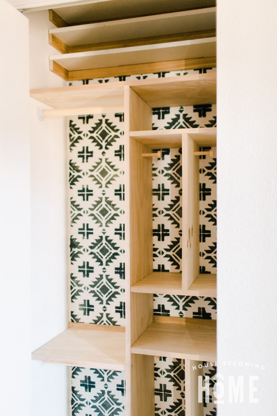 Coat Closet Reorganization Stenciled Wall with Dividers