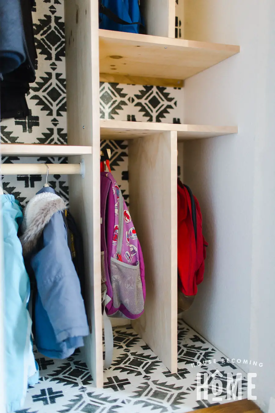 Small Coat Closet Makeover with Room for Four Backpacks