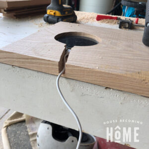 Charging Station Recessed into DIY Nightstand Closeup